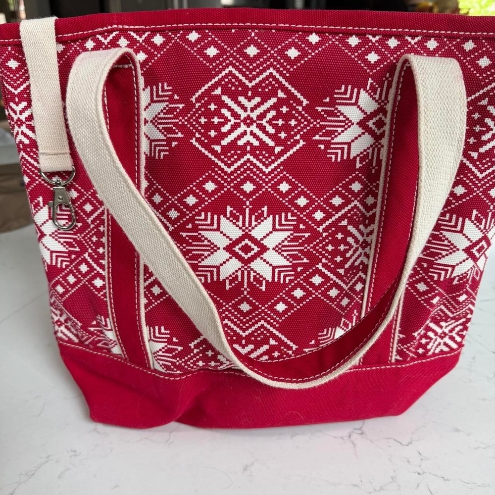Lands End Fair Isle Snowflake Canvas Tote Bag Red White Holiday Medium 16x13